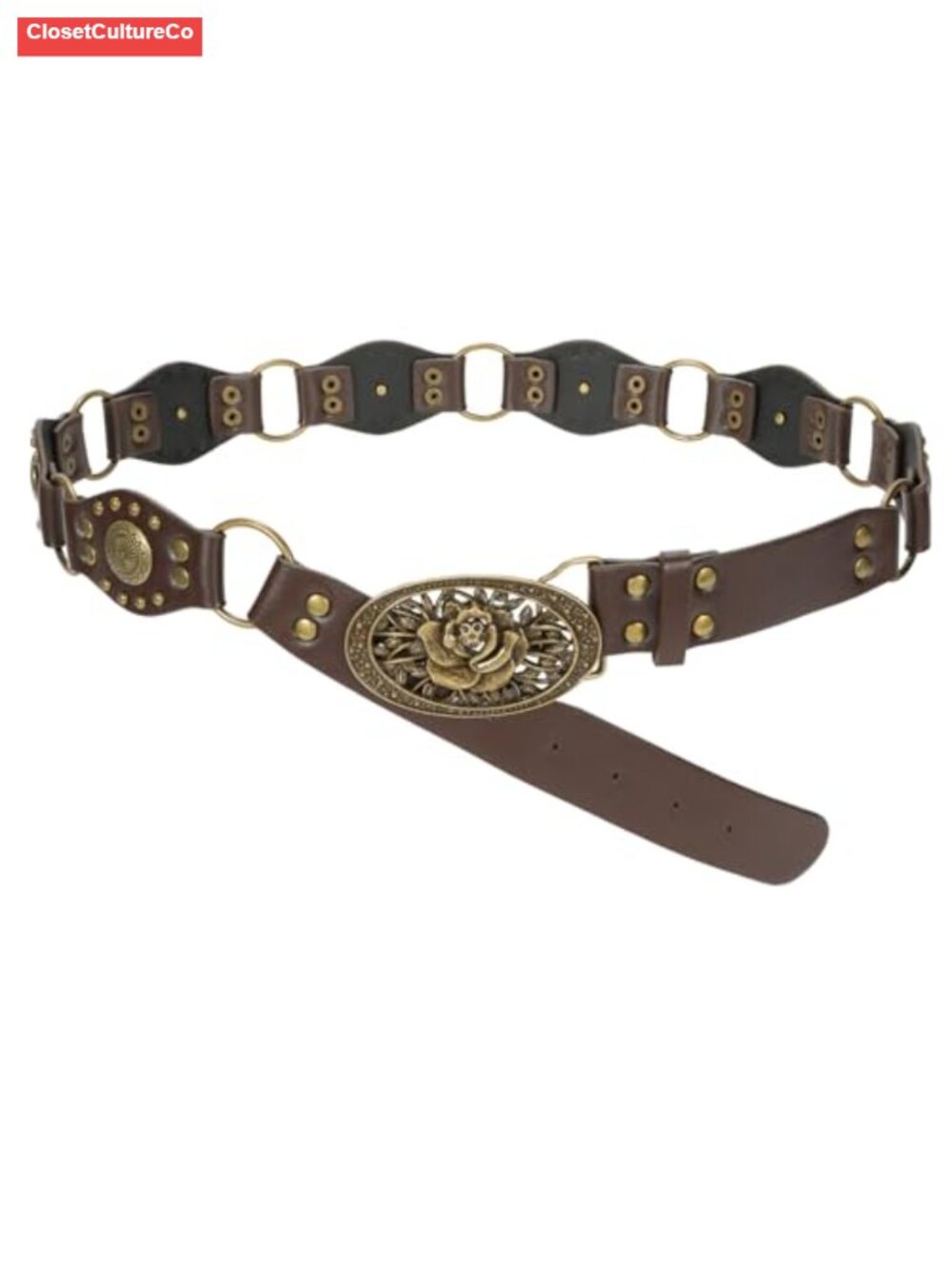 Faux Leather Western Belt Studded Rivets Vintage Buckle Adjustable